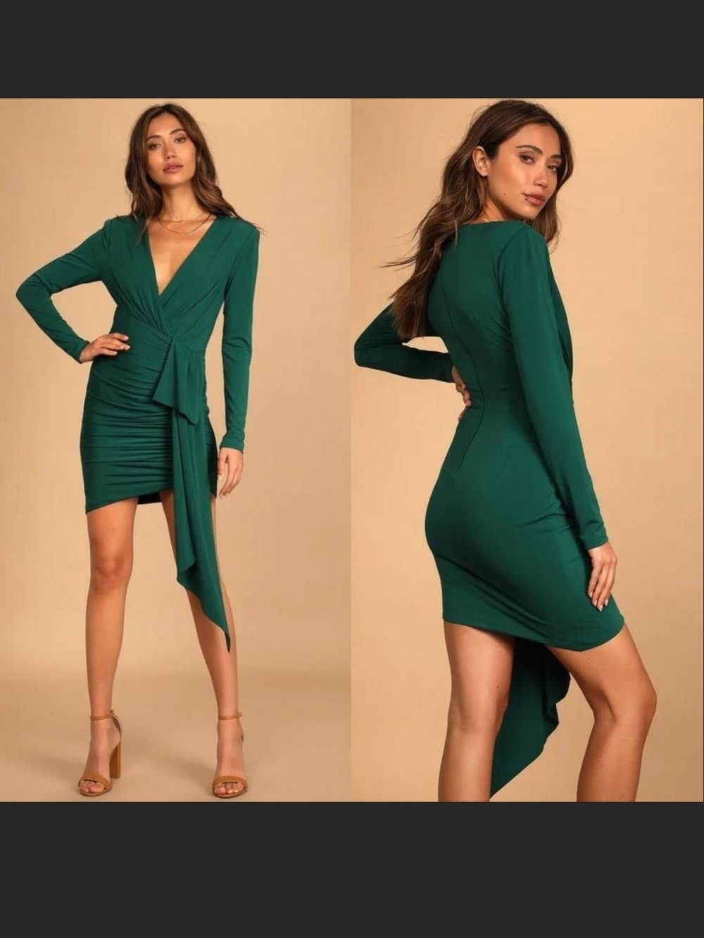 Lulu's Emerald Green Long-Sleeve Wrap Mini Dress